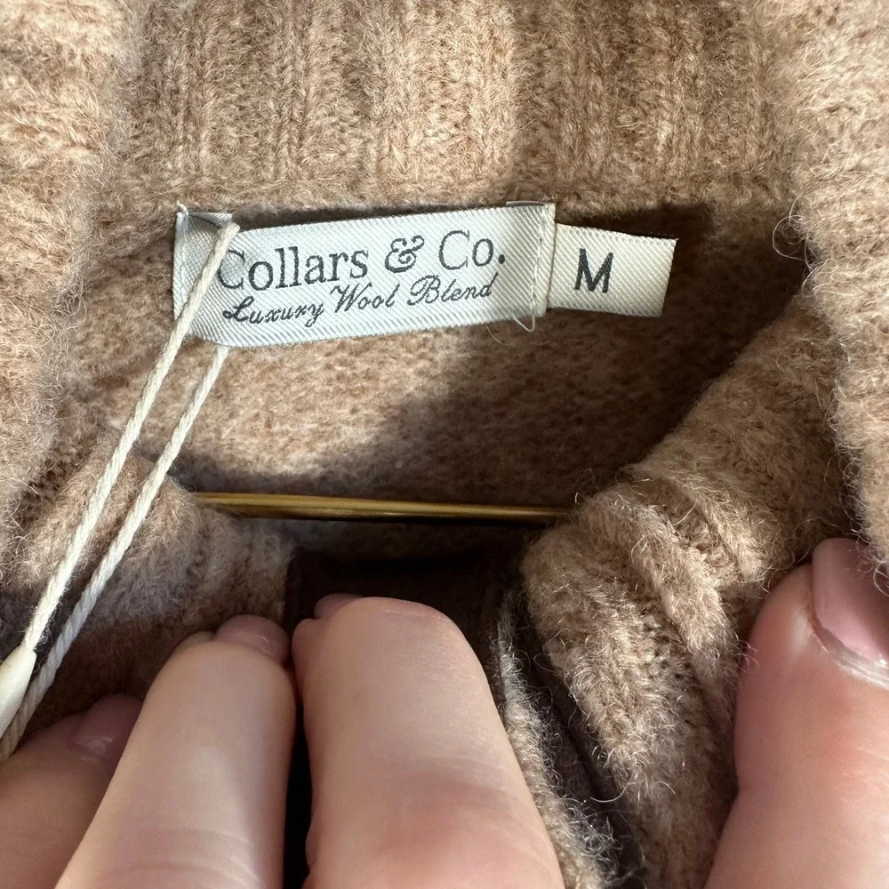 NEW Collars & Co Mens Luxury Wool Blend Mock Neck Button Sweater Tan Medium